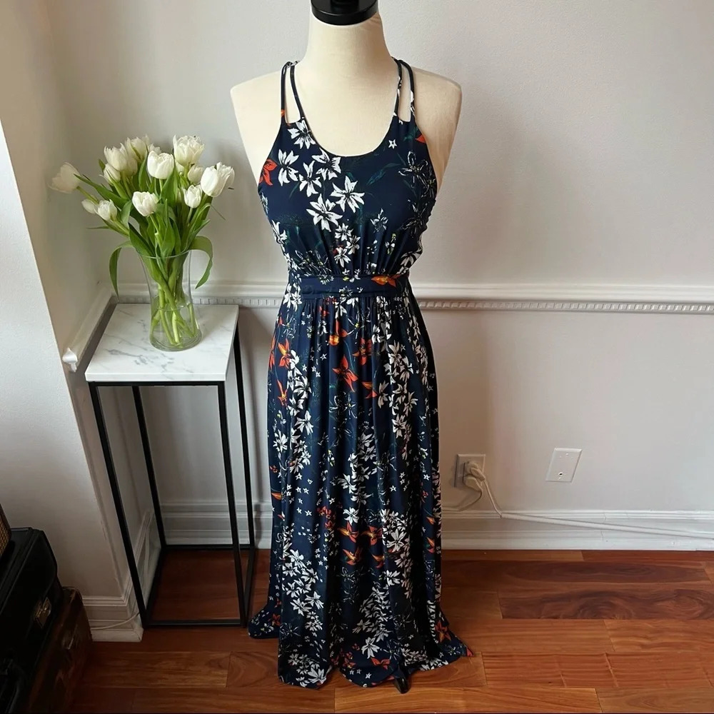 Whistles Silk Navy Floral Long Dress